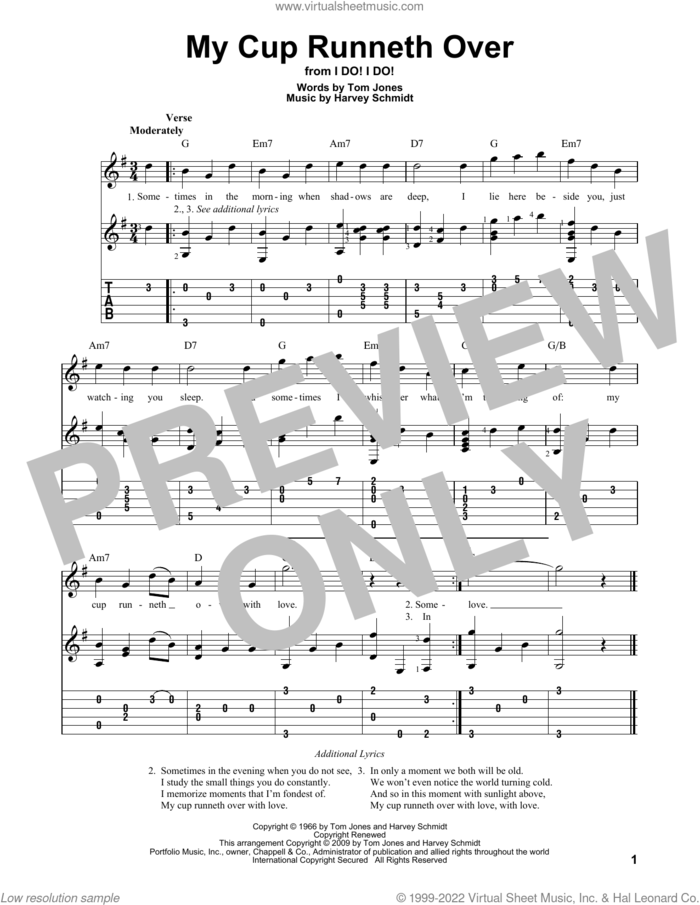 My Cup Runneth Over sheet music for guitar solo by Ed Ames, Harvey Schmidt and Tom Jones, intermediate skill level