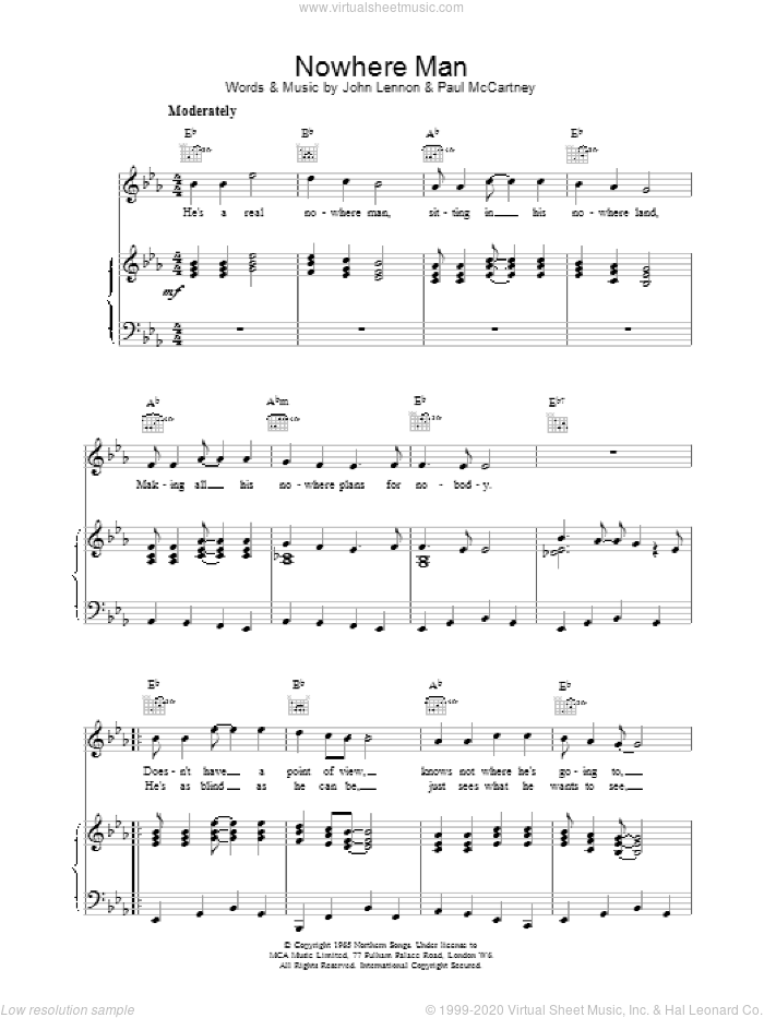 Nowhere Man sheet music for voice, piano or guitar by The Beatles, intermediate skill level