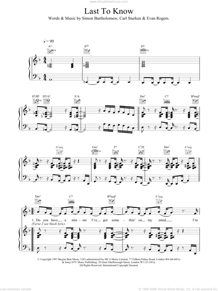 Last To Know sheet music for voice, piano or guitar by Brand New Heavies, intermediate skill level