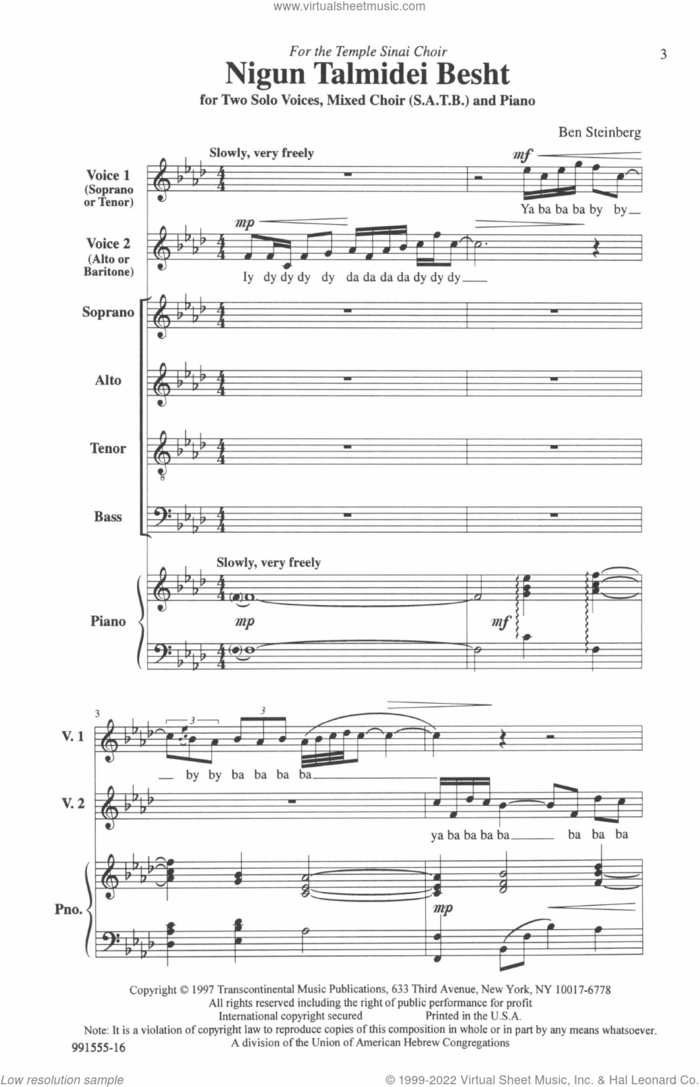 Nigun Talmidei Besht sheet music for choir (SATB: soprano, alto, tenor, bass) by Ben Steinberg, intermediate skill level