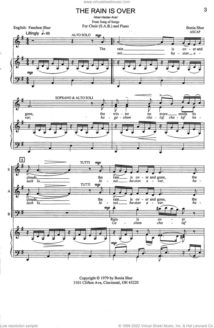The Rain Is Over sheet music for choir (SAB: soprano, alto, bass) by Bonia Shur, intermediate skill level