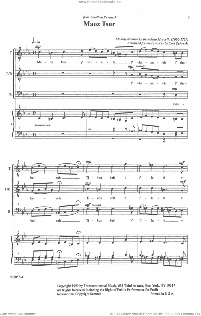 Maoz Tsur (Men's Voices) sheet music for choir (TTBB: tenor, bass) by Benedetto Marcello and Carl Zytowski, intermediate skill level