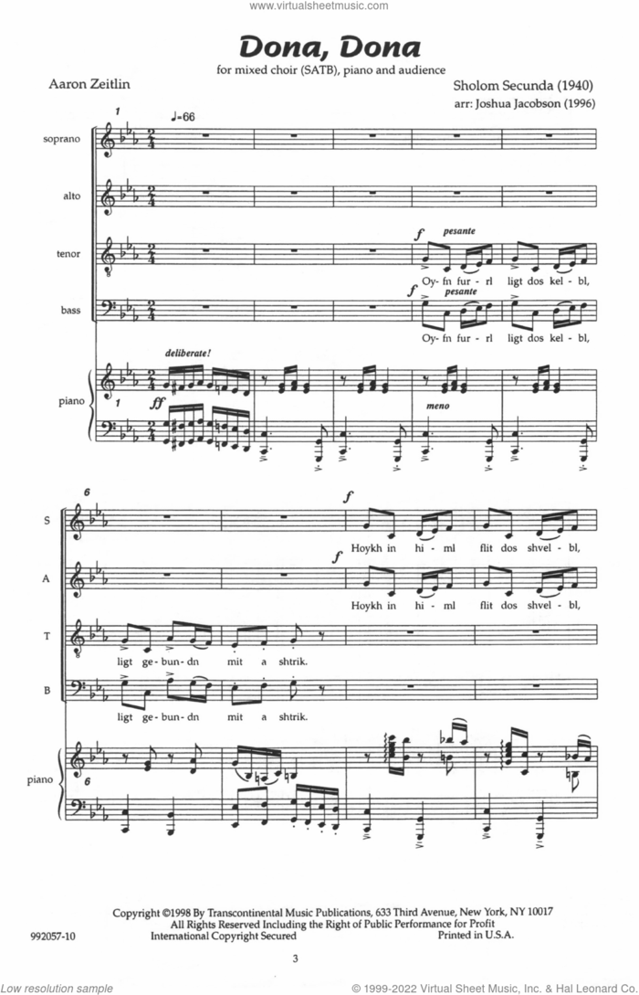 Dona, Dona (arr. Joshua Jacobson) sheet music for choir (SATB: soprano, alto, tenor, bass) by Sholom Secunda, Joshua Jacobson and Aaron Zeitlin, intermediate skill level