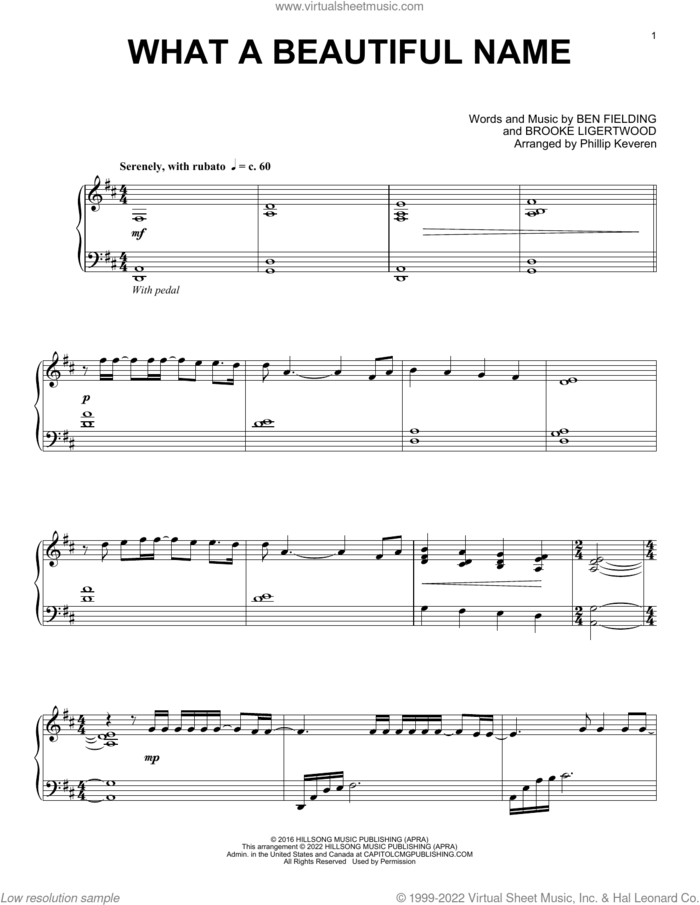 What A Beautiful Name (arr. Phillip Keveren) sheet music for piano solo by Hillsong Worship, Phillip Keveren, Ben Fielding and Brooke Ligertwood, intermediate skill level