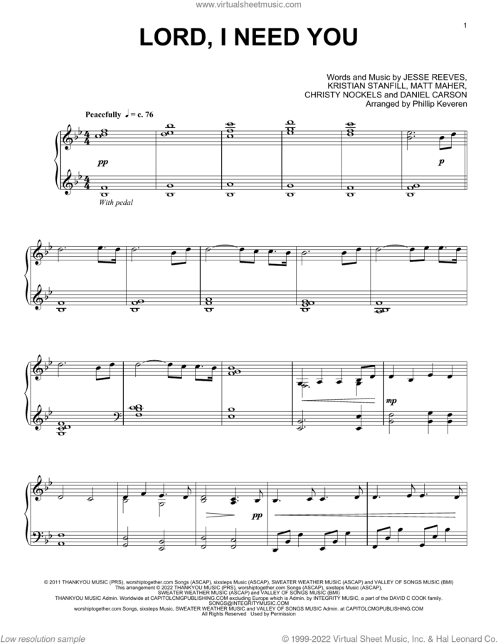 Lord, I Need You (arr. Phillip Keveren) sheet music for piano solo by Jesse Reeves, Phillip Keveren, Passion, Christy Nockels, Daniel Carson, Kristian Stanfill and Matt Maher, intermediate skill level