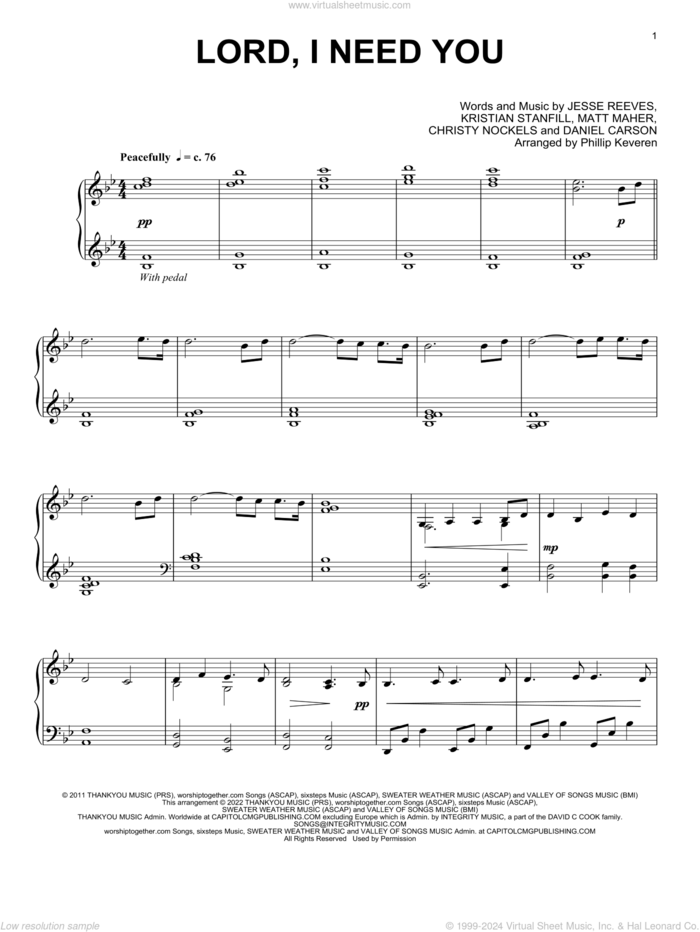 Lord, I Need You (arr. Phillip Keveren) sheet music for piano solo by Jesse Reeves, Phillip Keveren, Passion, Christy Nockels, Daniel Carson, Kristian Stanfill and Matt Maher, intermediate skill level