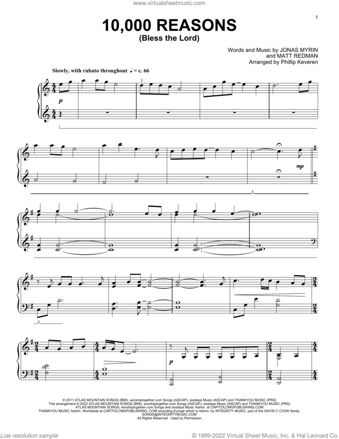 10,000 Reasons (Bless The Lord) (arr. Phillip Keveren) sheet music for piano solo by Matt Redman, Phillip Keveren and Jonas Myrin, intermediate skill level