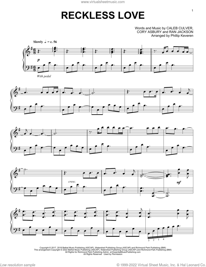 Reckless Love (arr. Phillip Keveren) sheet music for piano solo by Cory Asbury, Phillip Keveren, Caleb Culver and Ran Jackson, intermediate skill level