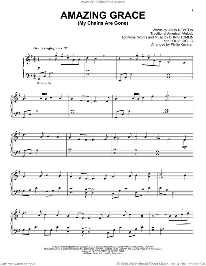 Amazing Grace (My Chains Are Gone) (arr. Phillip Keveren) sheet music for piano solo by Chris Tomlin, Phillip Keveren, John Newton, Louie Giglio and Miscellaneous, intermediate skill level