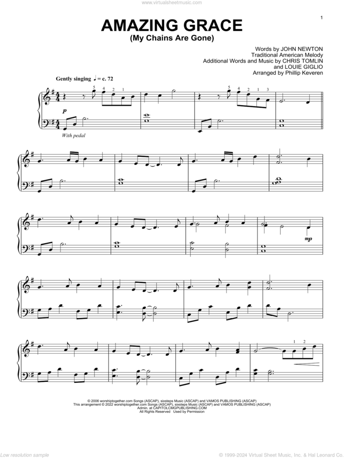 Amazing Grace (My Chains Are Gone) (arr. Phillip Keveren) sheet music for piano solo by Chris Tomlin, Phillip Keveren, John Newton, Louie Giglio and Miscellaneous, intermediate skill level