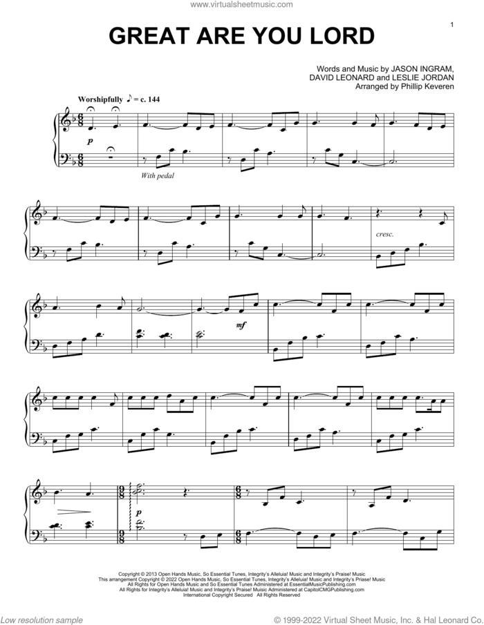 Great Are You Lord (arr. Phillip Keveren) sheet music for piano solo by All Sons & Daughters, Phillip Keveren, David Leonard, Jason Ingram and Leslie Jordan, intermediate skill level