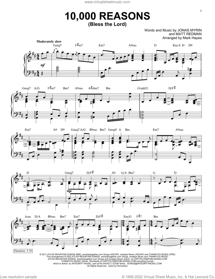 10,000 Reasons (Bless The Lord) (arr. Mark Hayes) sheet music for piano solo by Matt Redman, Mark Hayes and Jonas Myrin, intermediate skill level