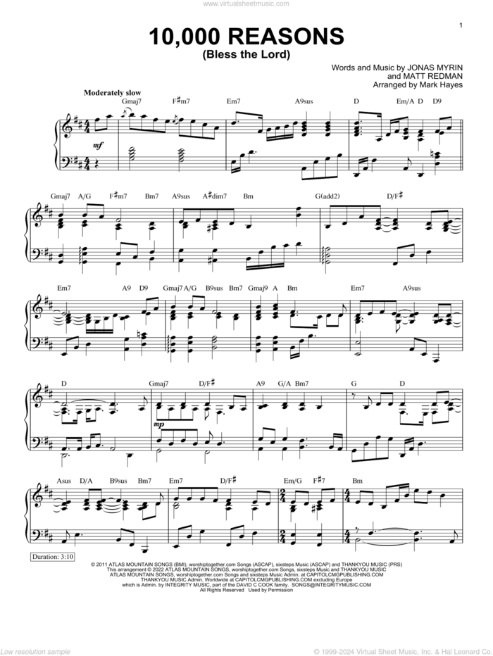 10,000 Reasons (Bless The Lord) (arr. Mark Hayes) sheet music for piano solo by Matt Redman, Mark Hayes and Jonas Myrin, intermediate skill level