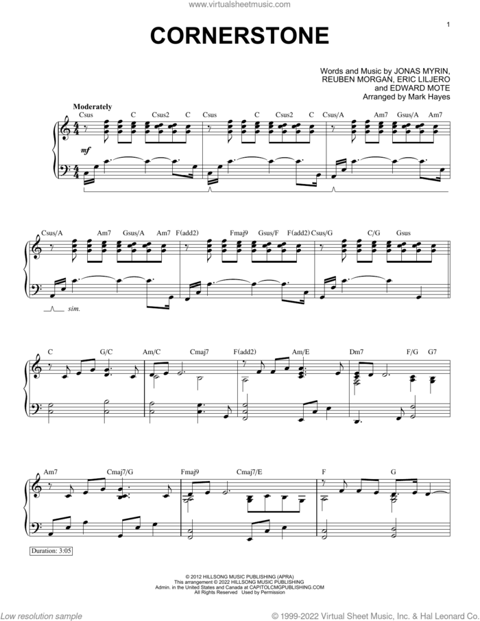 Cornerstone (arr. Mark Hayes) sheet music for piano solo by Hillsong Live, Mark Hayes, Eric Liljero, Jonas Myrin and Reuben Morgan, intermediate skill level