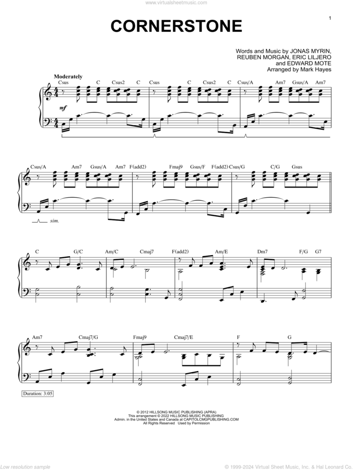 Cornerstone (arr. Mark Hayes) sheet music for piano solo by Hillsong Live, Mark Hayes, Eric Liljero, Jonas Myrin and Reuben Morgan, intermediate skill level