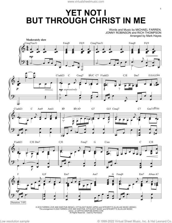Yet Not I But Through Christ In Me (arr. Mark Hayes) sheet music for piano solo by Michael Farren, Mark Hayes, City Alight, Jonny Robinson and Rich Thompson, intermediate skill level