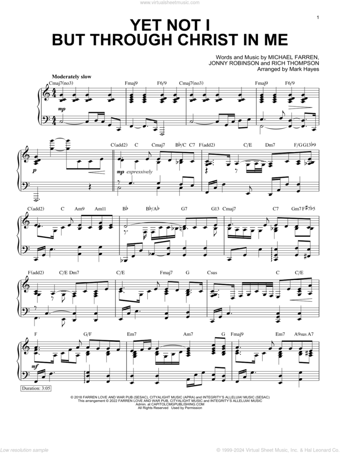 Yet Not I But Through Christ In Me (arr. Mark Hayes) sheet music for piano solo by Michael Farren, Mark Hayes, City Alight, Jonny Robinson and Rich Thompson, intermediate skill level