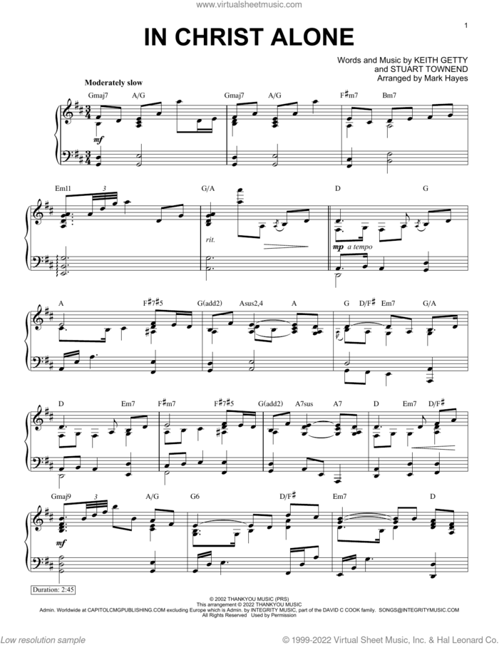 In Christ Alone (arr. Mark Hayes) sheet music for piano solo by Keith & Kristyn Getty, Mark Hayes, Margaret Becker, Newsboys, Keith Getty and Stuart Townend, intermediate skill level
