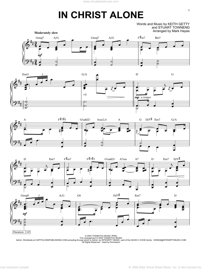 In Christ Alone (arr. Mark Hayes) sheet music for piano solo by Keith & Kristyn Getty, Mark Hayes, Margaret Becker, Newsboys, Keith Getty and Stuart Townend, intermediate skill level