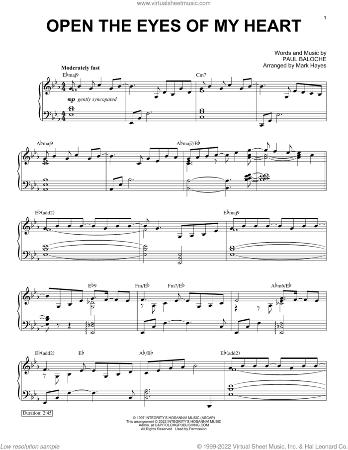 Open The Eyes Of My Heart (arr. Mark Hayes) sheet music for piano solo by Paul Baloche, Mark Hayes, Praise Band and Sonicflood, intermediate skill level