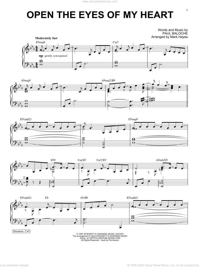 Open The Eyes Of My Heart (arr. Mark Hayes) sheet music for piano solo by Paul Baloche, Mark Hayes, Praise Band and Sonicflood, intermediate skill level