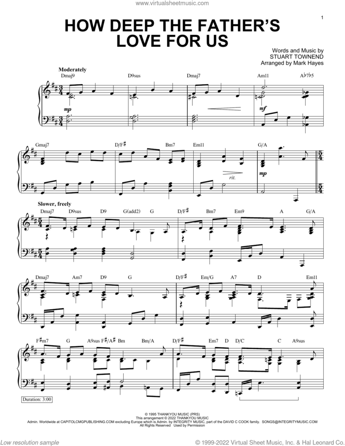 How Deep The Father's Love For Us (arr. Mark Hayes) sheet music for piano solo by Stuart Townend, Mark Hayes, Nichole Nordeman, Phillips, Craig & Dean and Sarah Sadler, intermediate skill level