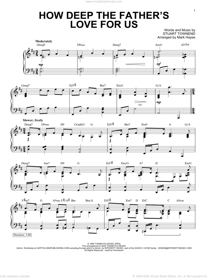 How Deep The Father's Love For Us (arr. Mark Hayes) sheet music for piano solo by Stuart Townend, Mark Hayes, Nichole Nordeman, Phillips, Craig & Dean and Sarah Sadler, intermediate skill level