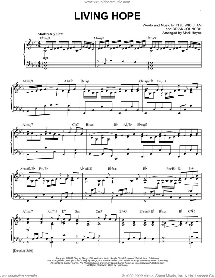 Living Hope (arr. Mark Hayes) sheet music for piano solo by Phil Wickham, Mark Hayes and Brian Johnson, intermediate skill level