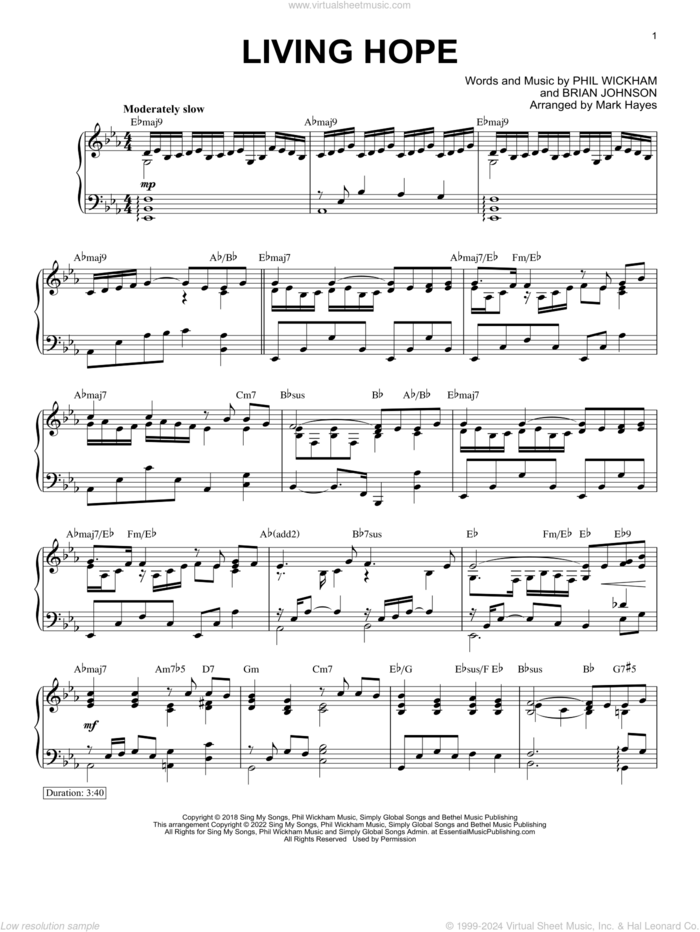 Living Hope (arr. Mark Hayes) sheet music for piano solo by Phil Wickham, Mark Hayes and Brian Johnson, intermediate skill level