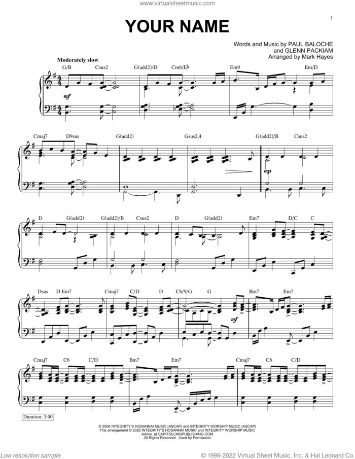 Your Name (arr. Mark Hayes) sheet music for piano solo by Paul Baloche, Mark Hayes, Phillips, Craig & Dean and Glenn Packiam, intermediate skill level