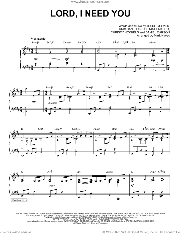 Lord, I Need You (arr. Mark Hayes) sheet music for piano solo by Matt Maher, Mark Hayes, Passion, Christy Nockels, Daniel Carson, Jesse Reeves and Kristian Stanfill, intermediate skill level