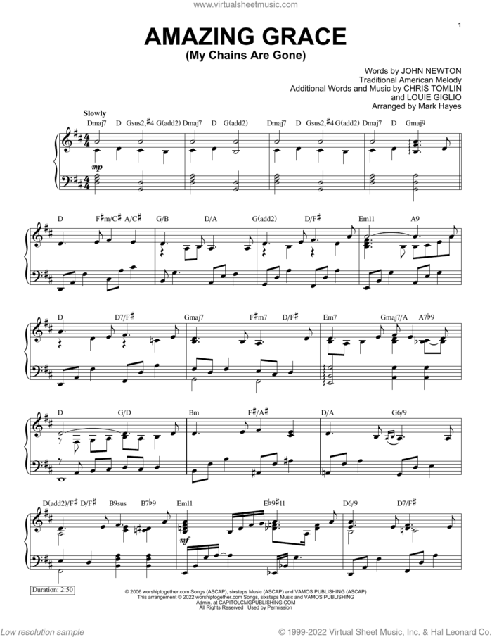 Amazing Grace (My Chains Are Gone) (arr. Mark Hayes) sheet music for piano solo by Chris Tomlin, Mark Hayes, John Newton, Louie Giglio and Miscellaneous, intermediate skill level