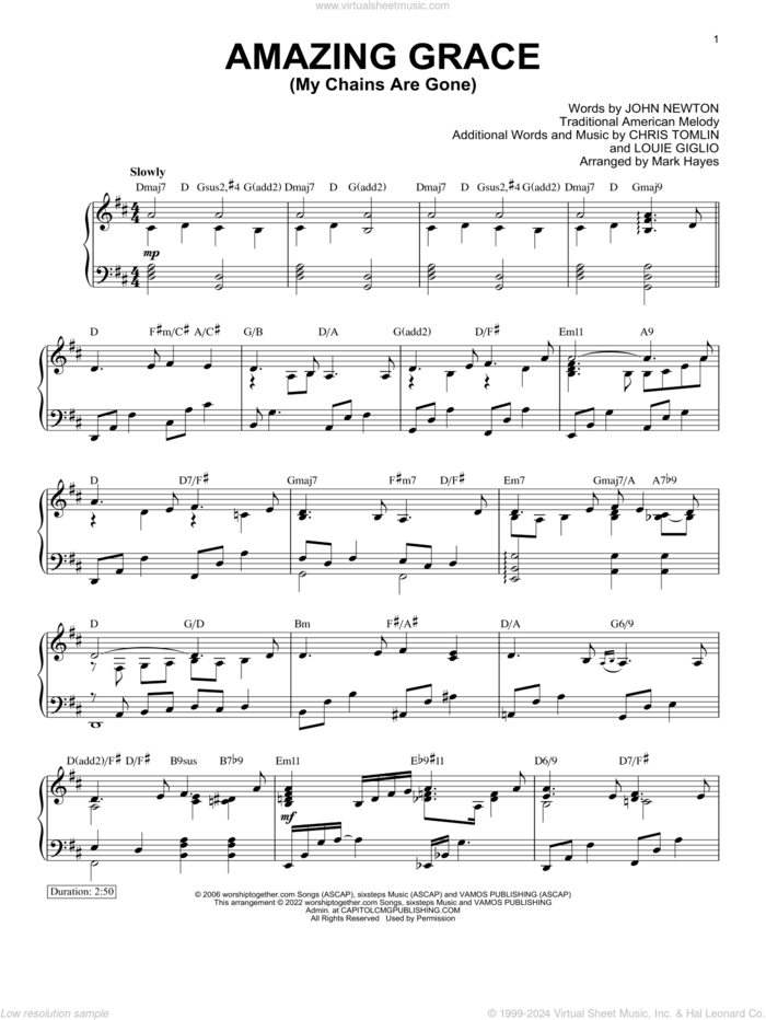 Amazing Grace (My Chains Are Gone) (arr. Mark Hayes) sheet music for piano solo by Chris Tomlin, Mark Hayes, John Newton, Louie Giglio and Miscellaneous, intermediate skill level