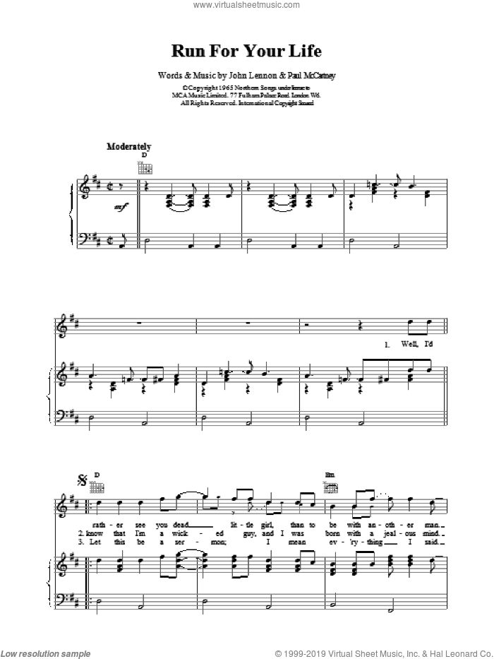 Run For Your Life sheet music for voice, piano or guitar by The Beatles, intermediate skill level