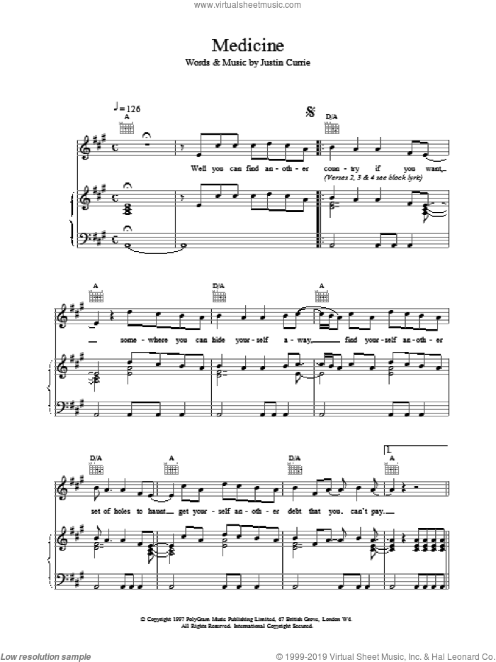 Medicine sheet music for voice, piano or guitar by Del Amitri, intermediate skill level