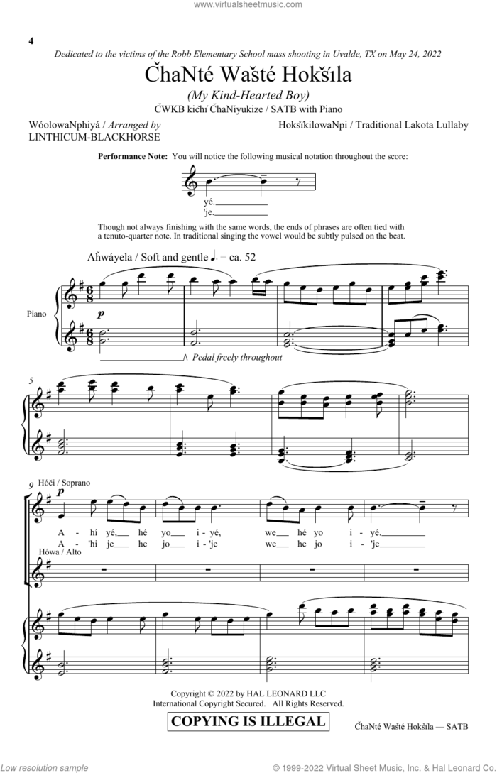 Chante Waste Hoksila (My Kind-Hearted Boy) (arr. Linthicum-Blackhorse) sheet music for choir (SATB: soprano, alto, tenor, bass) by Traditional Lakota Lullaby and William Linthicum-Blackhorse, intermediate skill level