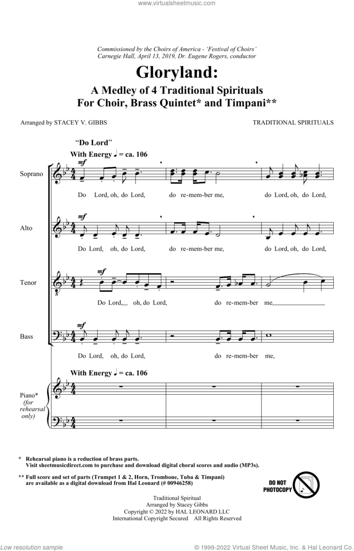 Gloryland: A Medley of Four Traditional Spirituals sheet music for choir (SATB: soprano, alto, tenor, bass) by Stacey V. Gibbs, intermediate skill level