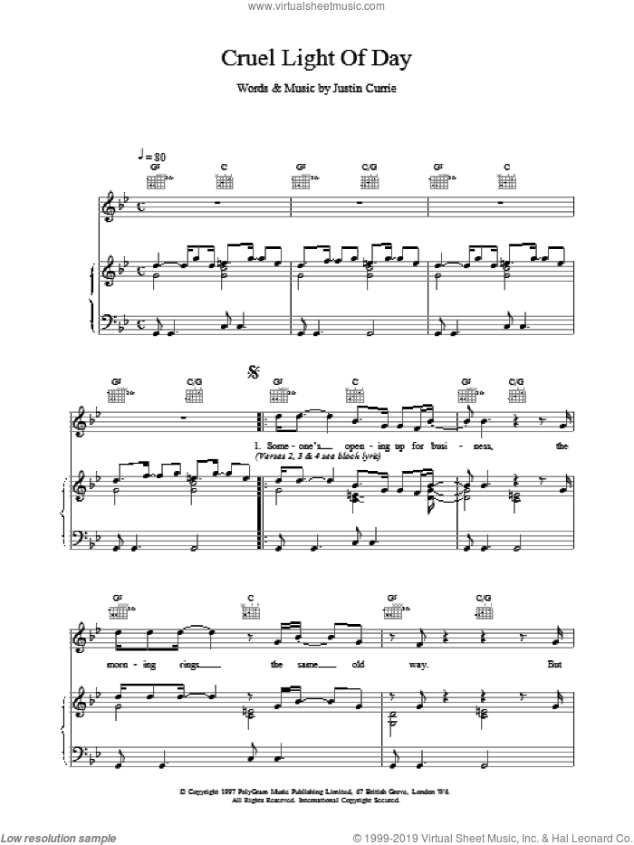 Cruel Light Of Day sheet music for voice, piano or guitar by Del Amitri, intermediate skill level