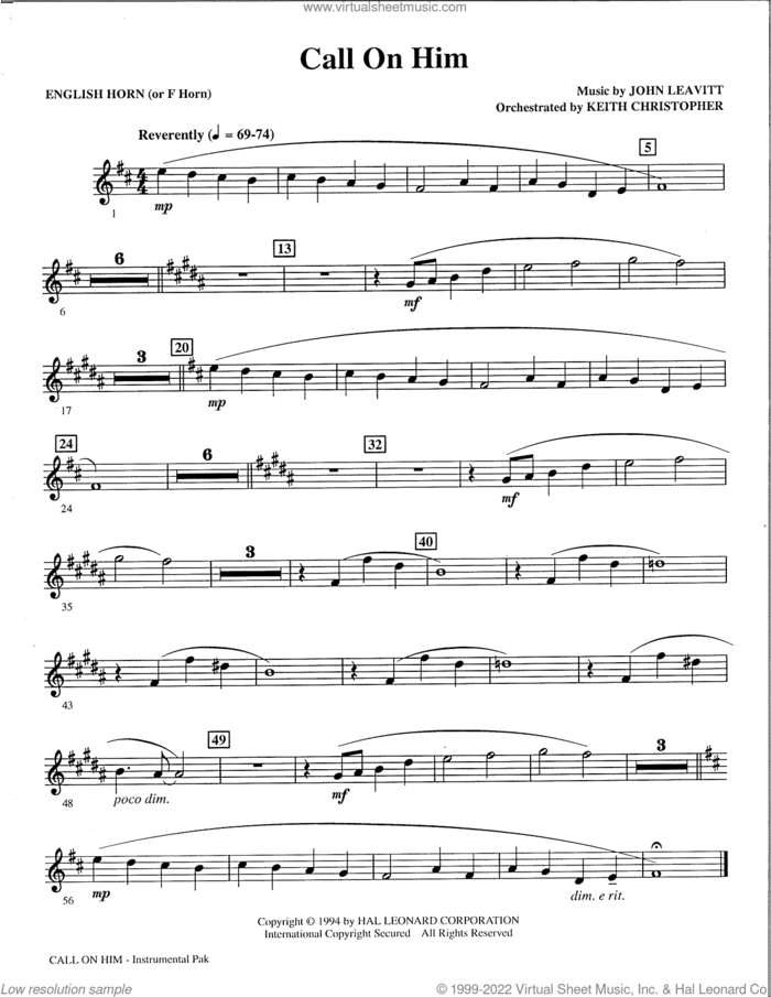 Call on Him sheet music for orchestra/band (english horn, or f horn) by John Leavitt, Phil Speary and PSALM 116, intermediate skill level
