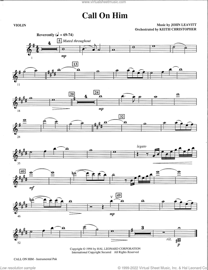 Call on Him sheet music for orchestra/band (violin) by John Leavitt, Phil Speary and PSALM 116, intermediate skill level