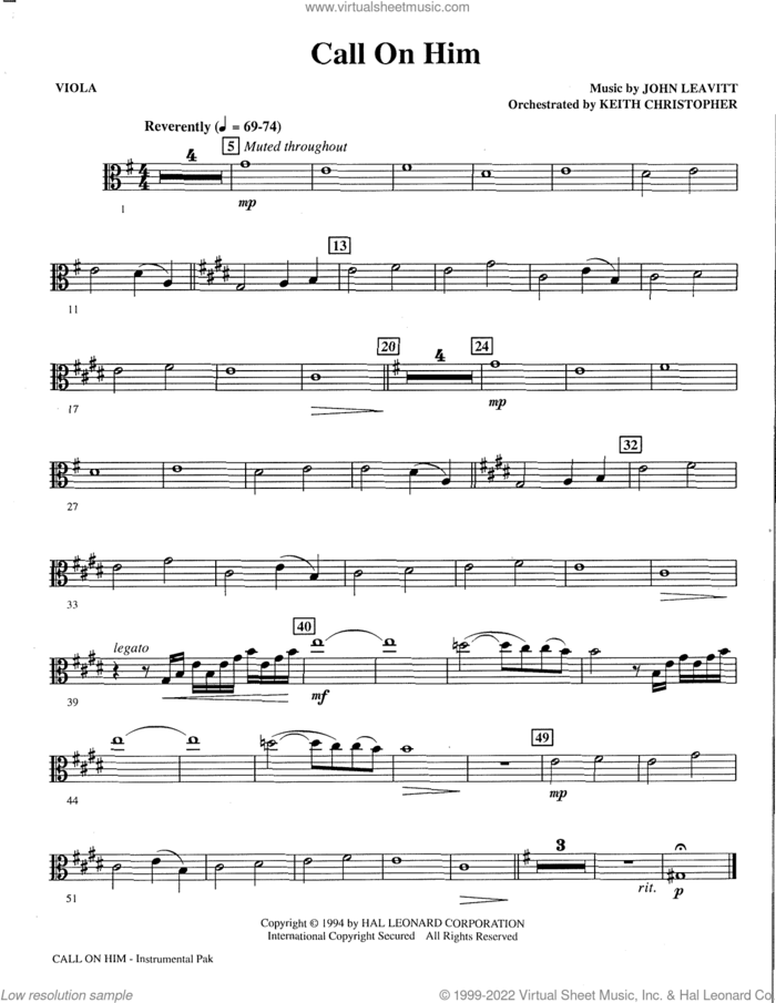 Call on Him sheet music for orchestra/band (viola) by John Leavitt, Phil Speary and PSALM 116, intermediate skill level