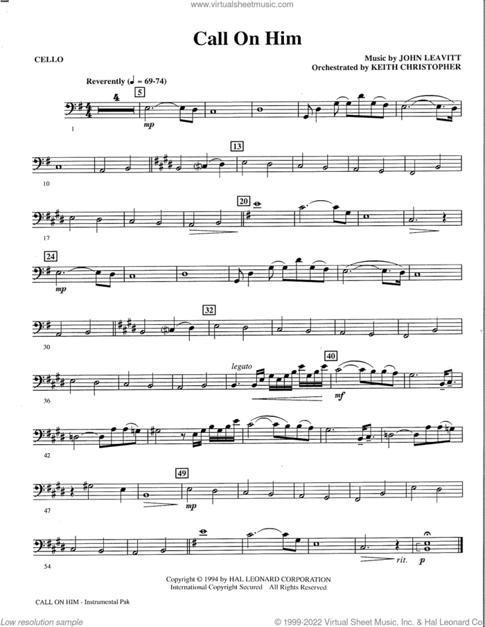 Call on Him sheet music for orchestra/band (cello) by John Leavitt, Phil Speary and PSALM 116, intermediate skill level
