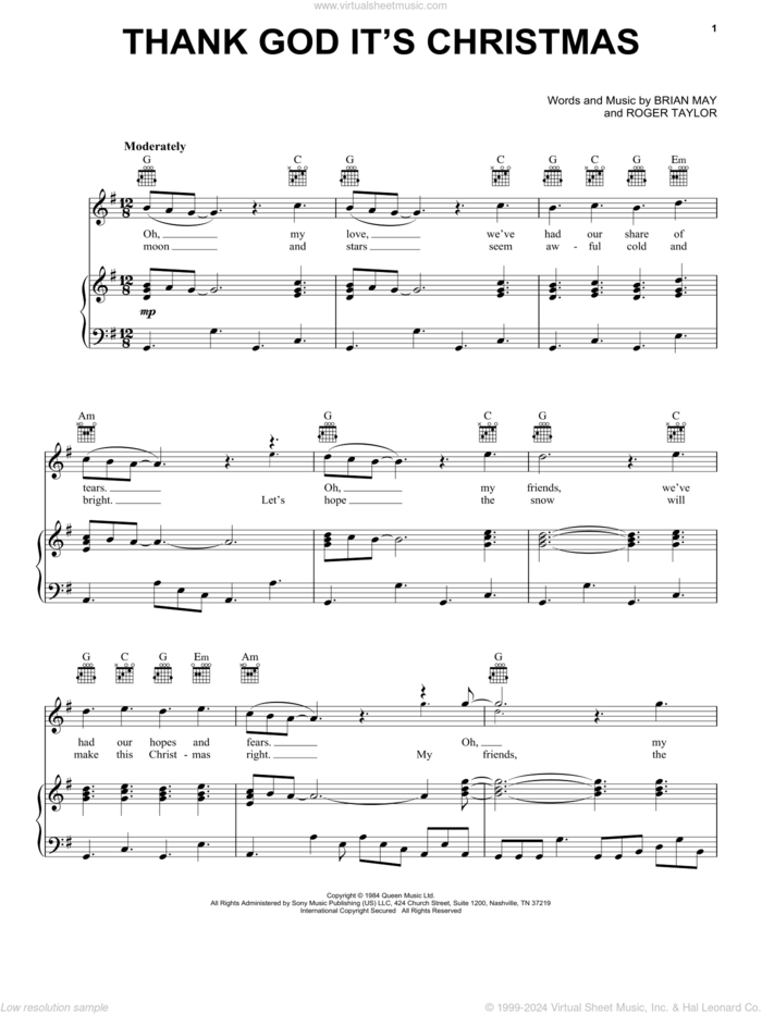 Thank God It's Christmas sheet music for voice, piano or guitar by Queen, Brian May and Roger Taylor, intermediate skill level