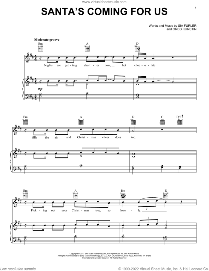 Santa's Coming For Us sheet music for voice, piano or guitar by Sia, Greg Kurstin and Sia Furler, intermediate skill level