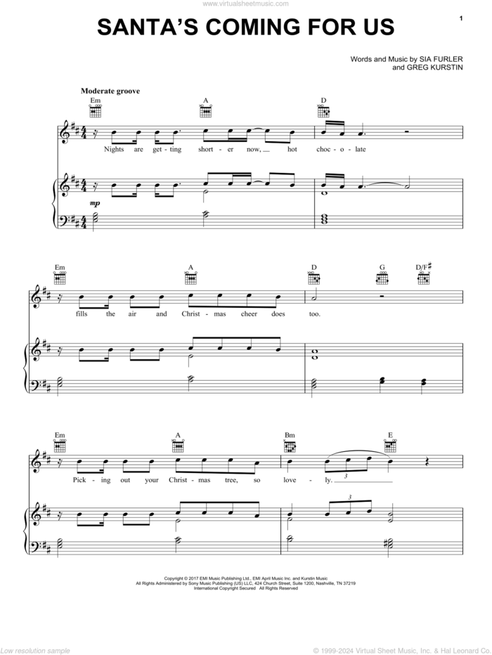 Santa's Coming For Us sheet music for voice, piano or guitar by Sia, Greg Kurstin and Sia Furler, intermediate skill level