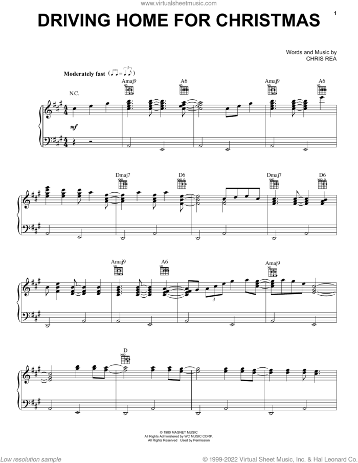 Driving Home For Christmas sheet music for voice, piano or guitar by Chris Rea, intermediate skill level