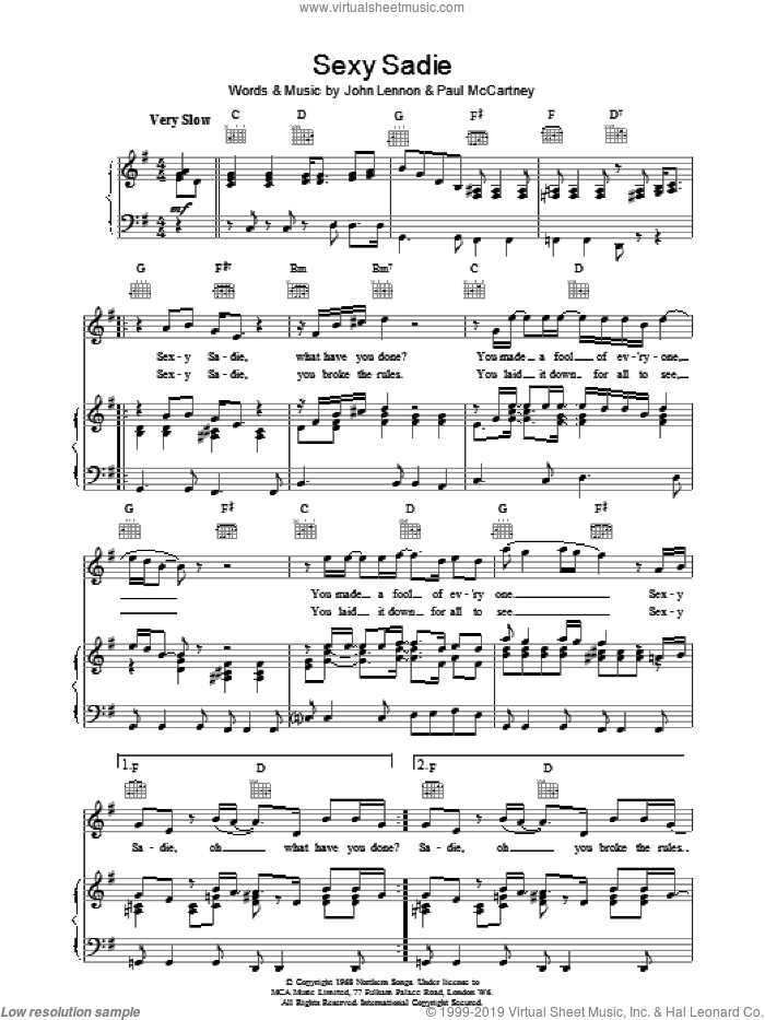 Sexy Sadie sheet music for voice, piano or guitar by The Beatles, intermediate skill level