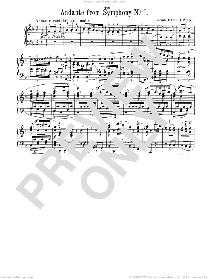 Symphony No. 1, Andante, Second Movement, (intermediate) sheet music for piano solo by Ludwig van Beethoven, classical score, intermediate skill level