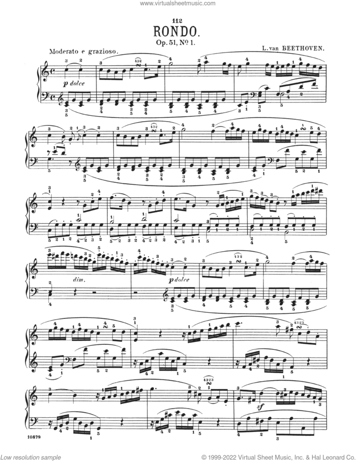Rondo In C Major, Op. 51, No. 1 sheet music for piano solo by Ludwig van Beethoven, classical score, intermediate skill level