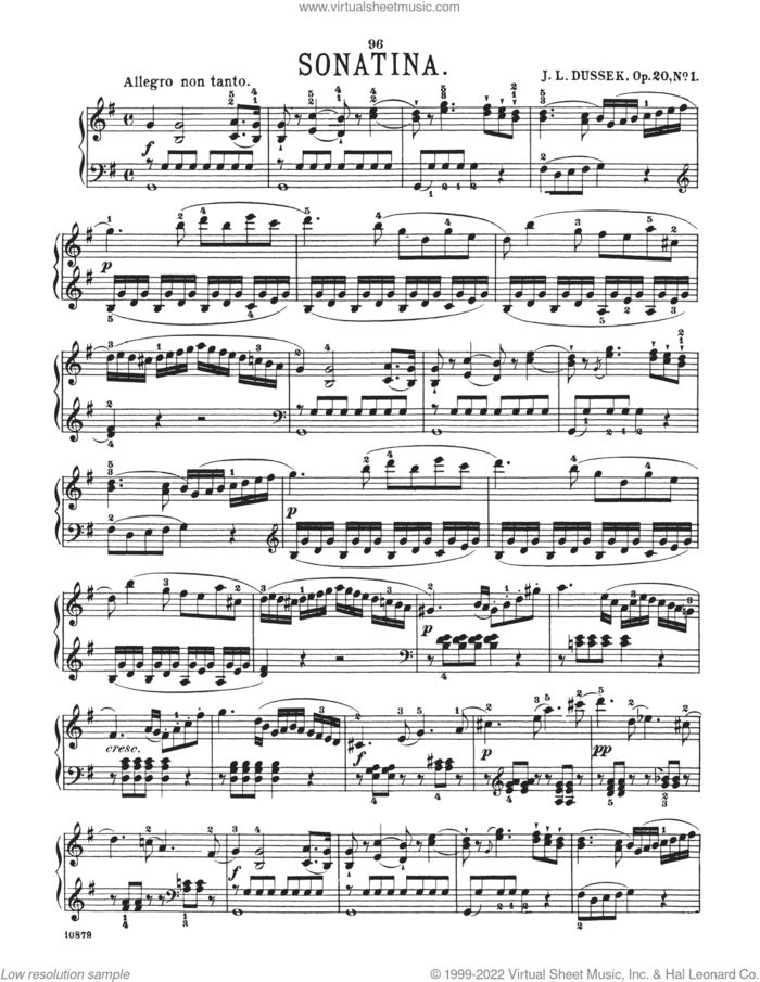 Sonatina In G Major, Op. 20, No. 1 sheet music for piano solo by Jan Ladislaw Dussek, classical score, intermediate skill level